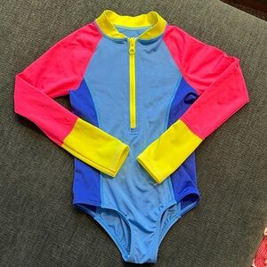 Lands' End Girls' One-Piece Rash Guard Swimsuit in Blue, Pink, Yellow